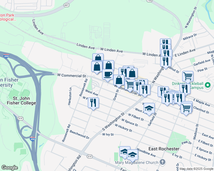 map of restaurants, bars, coffee shops, grocery stores, and more near 448 West Commercial Street in East Rochester