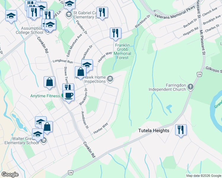 map of restaurants, bars, coffee shops, grocery stores, and more near 102 Hunter Way in Brantford