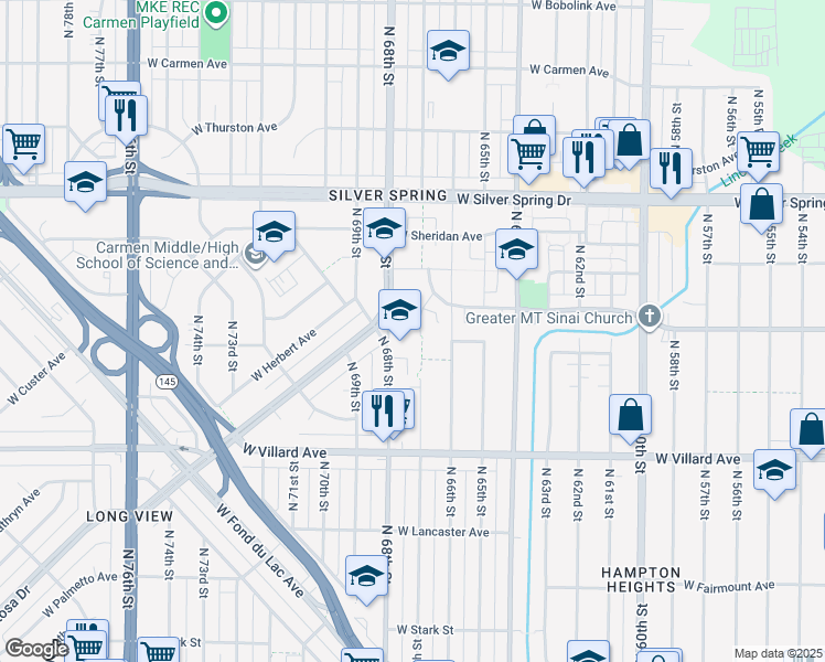 map of restaurants, bars, coffee shops, grocery stores, and more near 5375 North 67th Street in Milwaukee