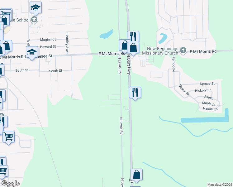 map of restaurants, bars, coffee shops, grocery stores, and more near 7395 North Lewis Road in Mount Morris