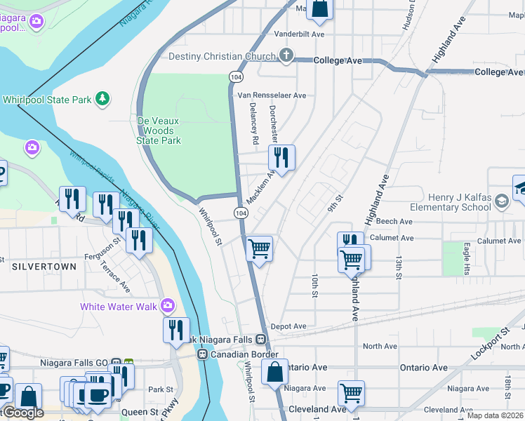 map of restaurants, bars, coffee shops, grocery stores, and more near 2840 McKoon Avenue in Niagara Falls