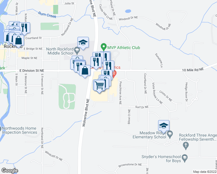map of restaurants, bars, coffee shops, grocery stores, and more near 180 Marcell Drive Northeast in Rockford