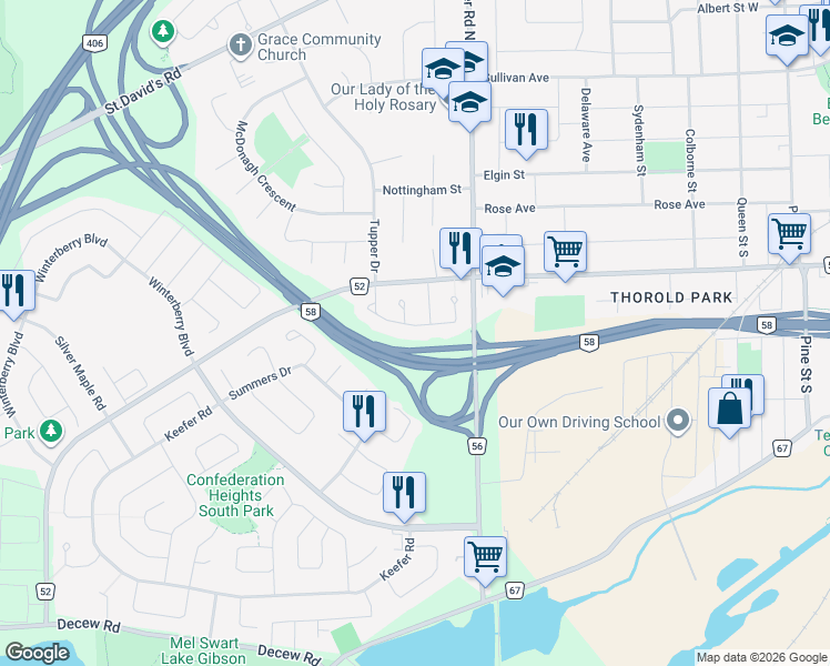 map of restaurants, bars, coffee shops, grocery stores, and more near 30 Romy Crescent in Thorold