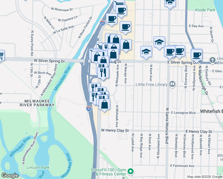 map of restaurants, bars, coffee shops, grocery stores, and more near 5400 North Iroquois Avenue in Glendale