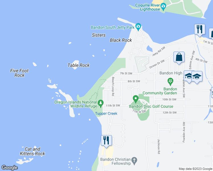 map of restaurants, bars, coffee shops, grocery stores, and more near 865 Portland Avenue Southwest in Bandon