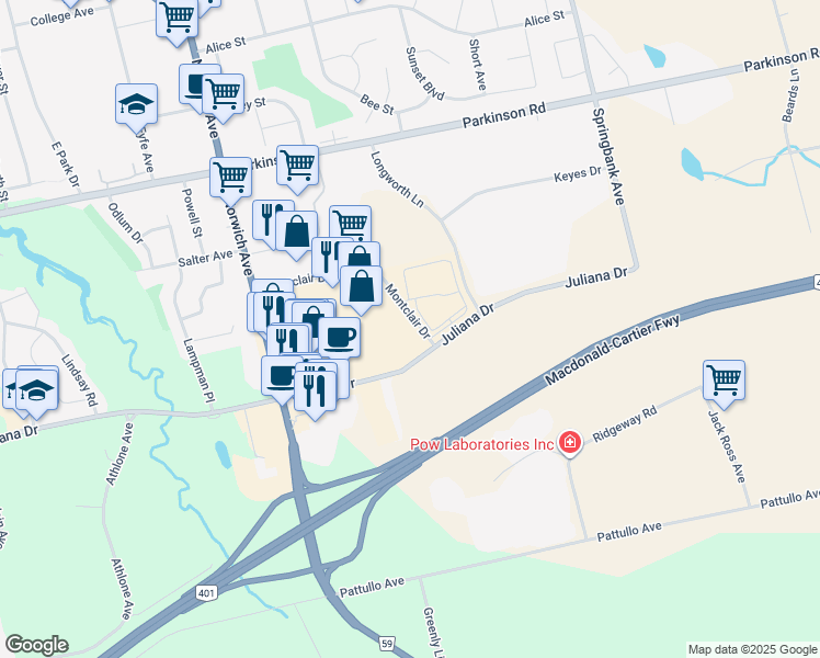 map of restaurants, bars, coffee shops, grocery stores, and more near 200 Montclair Drive in Woodstock