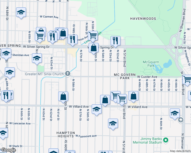 map of restaurants, bars, coffee shops, grocery stores, and more near N 55th St & W Custer Ave in Milwaukee