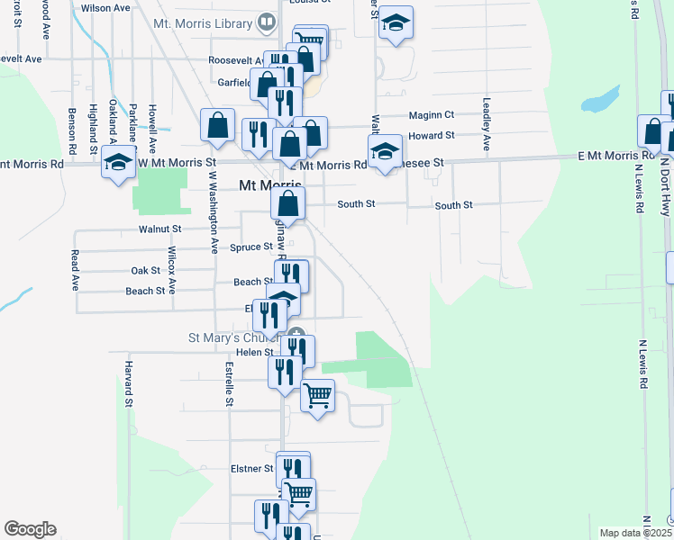 map of restaurants, bars, coffee shops, grocery stores, and more near 11418 Industrial Street in Mount Morris