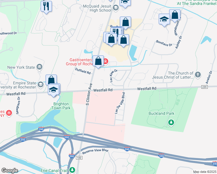map of restaurants, bars, coffee shops, grocery stores, and more near 166 Lac Kine Drive in Rochester