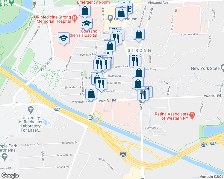 map of restaurants, bars, coffee shops, grocery stores, and more near 31 Whiteford Road in Rochester
