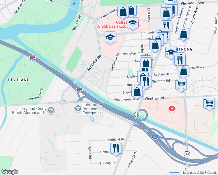 map of restaurants, bars, coffee shops, grocery stores, and more near 226 University Park in Rochester