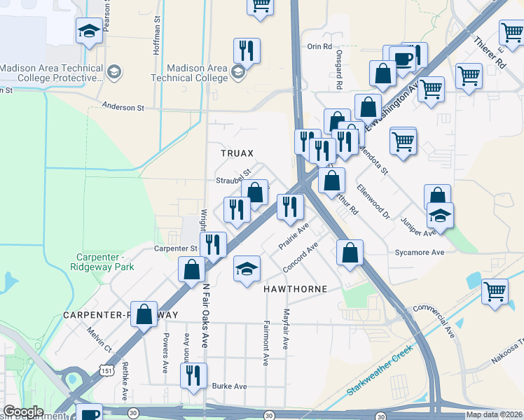 map of restaurants, bars, coffee shops, grocery stores, and more near 3574 East Washington Avenue in Madison