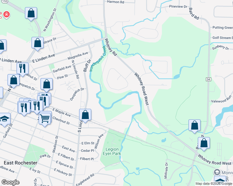 map of restaurants, bars, coffee shops, grocery stores, and more near 36 Oak Hill Terrace in Penfield