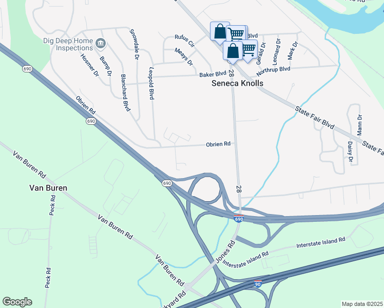 map of restaurants, bars, coffee shops, grocery stores, and more near 7163 Obrien Road in Syracuse