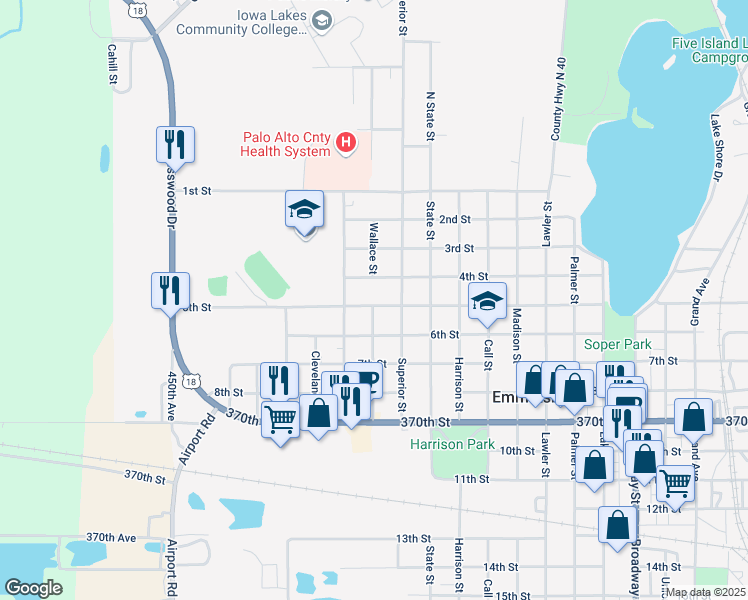 map of restaurants, bars, coffee shops, grocery stores, and more near 3101-3199 5th Street in Emmetsburg