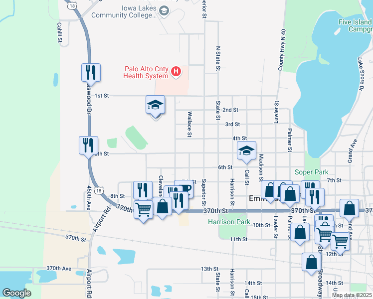 map of restaurants, bars, coffee shops, grocery stores, and more near 3101 5th Street in Emmetsburg