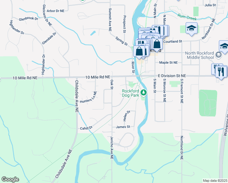 map of restaurants, bars, coffee shops, grocery stores, and more near 19 Rollingwood Drive in Rockford