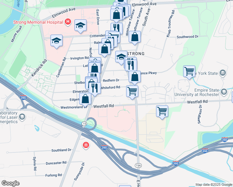 map of restaurants, bars, coffee shops, grocery stores, and more near 106 Cimarron Drive in Rochester
