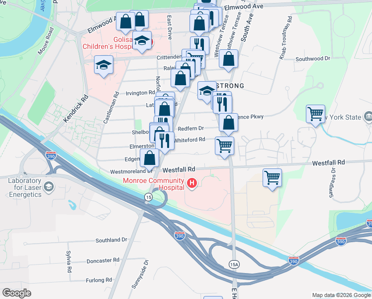 map of restaurants, bars, coffee shops, grocery stores, and more near 31 Whiteford Road in Rochester