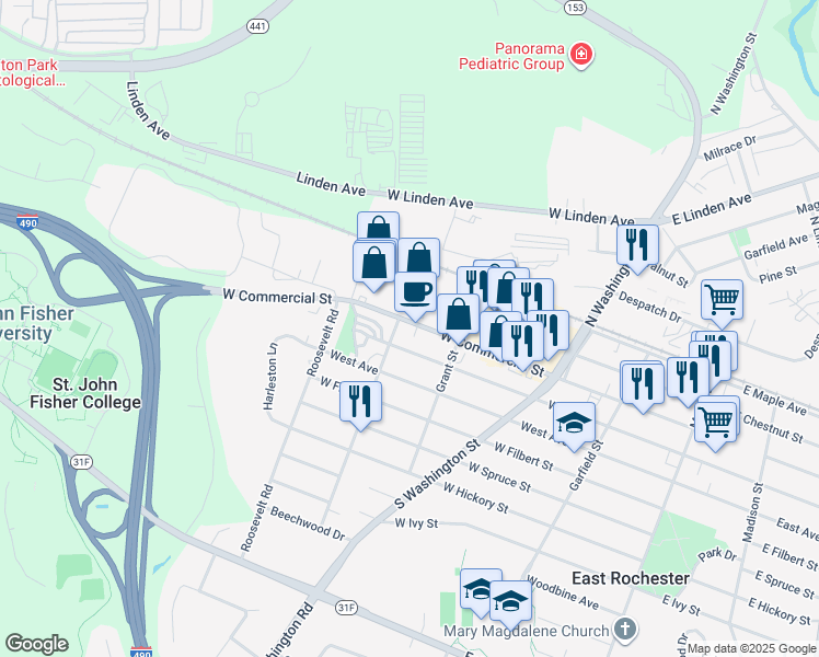map of restaurants, bars, coffee shops, grocery stores, and more near 448 West Commercial Street in East Rochester