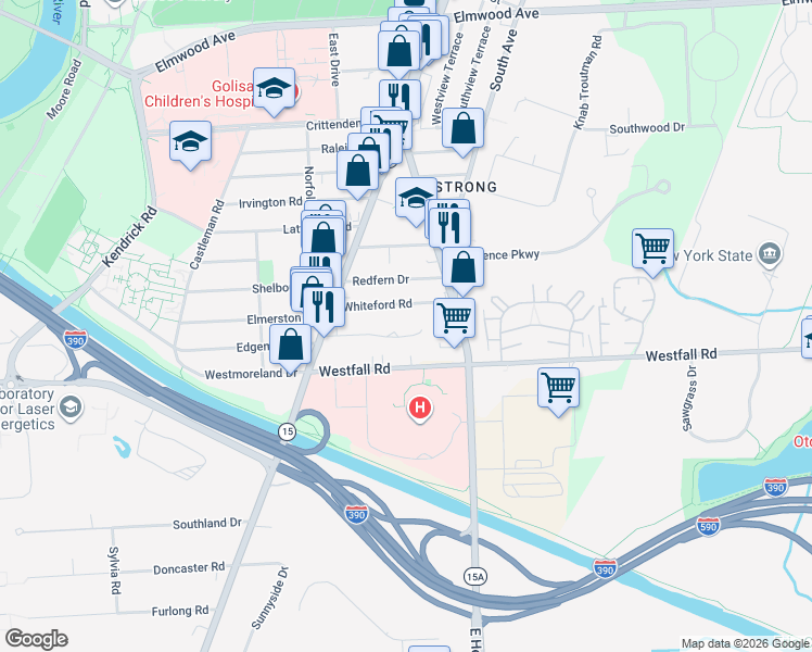 map of restaurants, bars, coffee shops, grocery stores, and more near 106 Cimarron Drive in Rochester