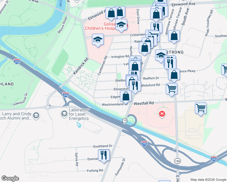 map of restaurants, bars, coffee shops, grocery stores, and more near 117 Elmerston Road in Rochester