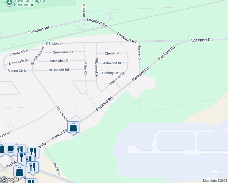 map of restaurants, bars, coffee shops, grocery stores, and more near 8130 Packard Road in Niagara Falls