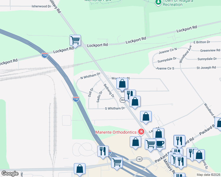 map of restaurants, bars, coffee shops, grocery stores, and more near 3225 Military Road in Niagara Falls