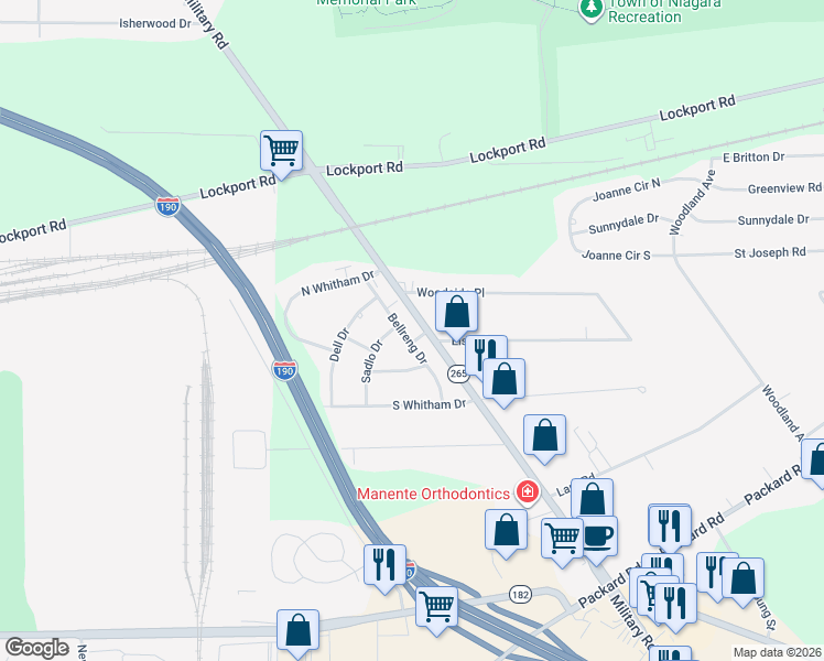map of restaurants, bars, coffee shops, grocery stores, and more near 3225 Military Road in Niagara Falls