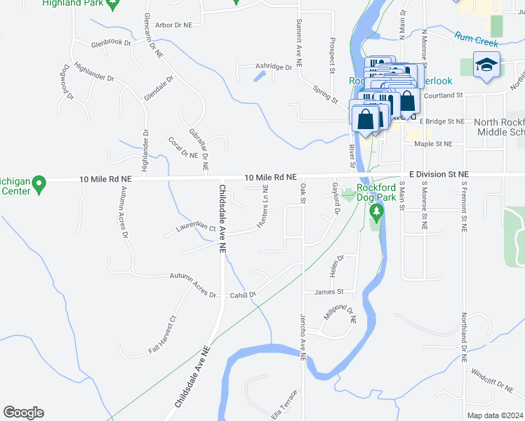 map of restaurants, bars, coffee shops, grocery stores, and more near 166 Hunters Lane Northeast in Rockford