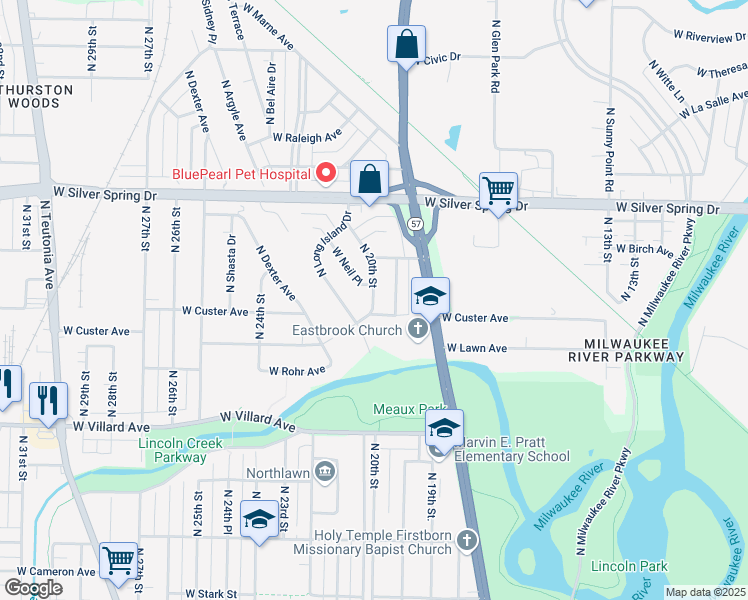 map of restaurants, bars, coffee shops, grocery stores, and more near 5429 North 19th Street in Milwaukee