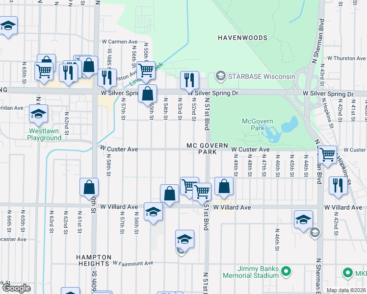 map of restaurants, bars, coffee shops, grocery stores, and more near 5411 North 52nd Street in Milwaukee