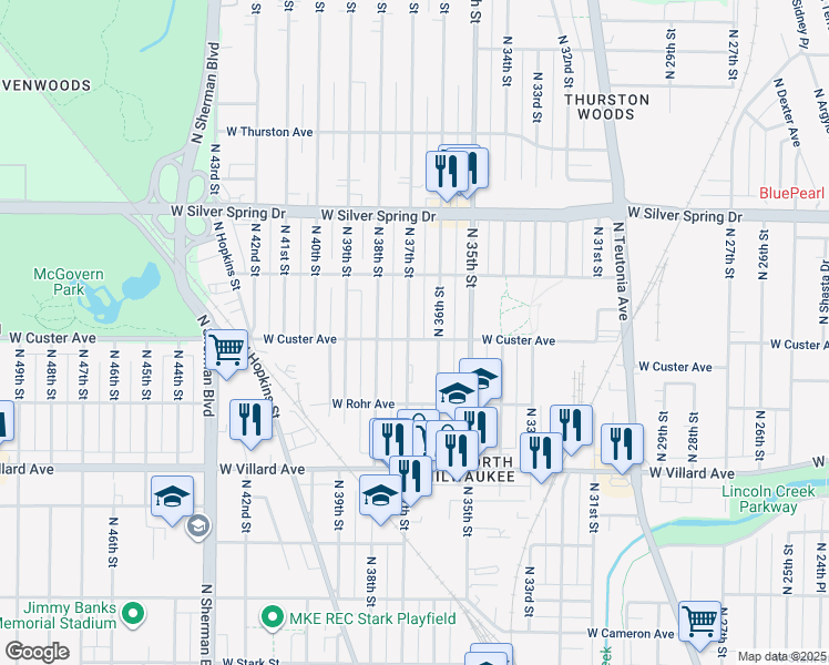 map of restaurants, bars, coffee shops, grocery stores, and more near 5406 North 37th Street in Milwaukee