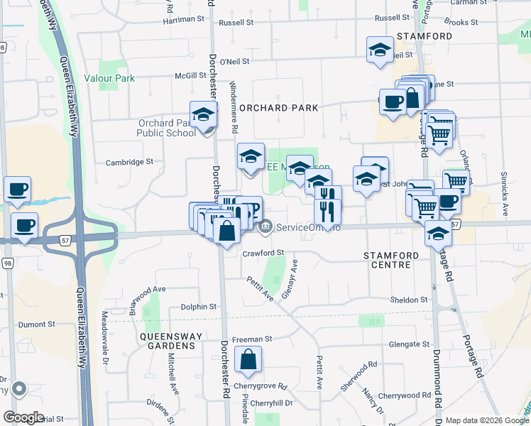 map of restaurants, bars, coffee shops, grocery stores, and more near 6767 Regional Road 57 in Niagara Falls