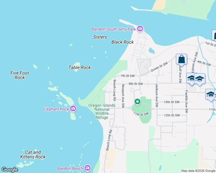 map of restaurants, bars, coffee shops, grocery stores, and more near 1495 8th Street Southwest in Bandon