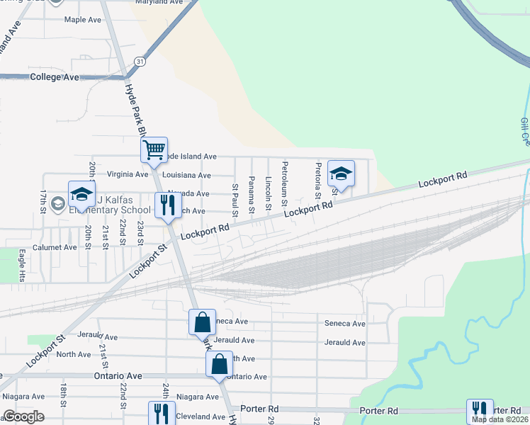 map of restaurants, bars, coffee shops, grocery stores, and more near 3008 Lincoln Street in Niagara Falls