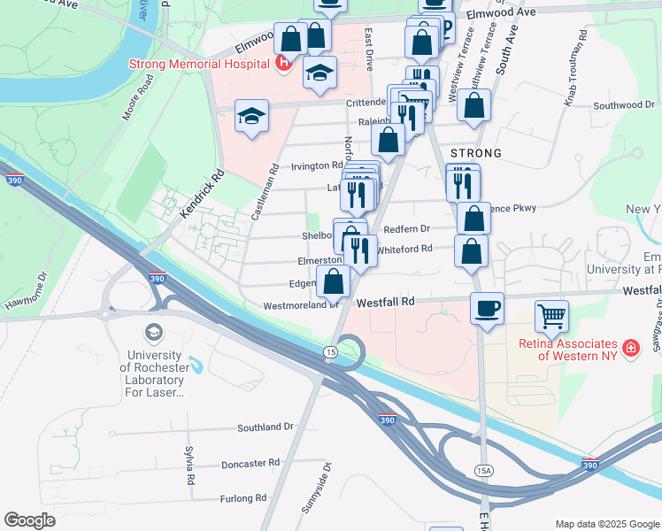 map of restaurants, bars, coffee shops, grocery stores, and more near 57 Elmerston Road in Rochester