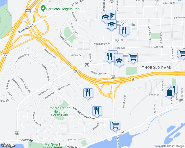 map of restaurants, bars, coffee shops, grocery stores, and more near 33 Romy Crescent in Thorold