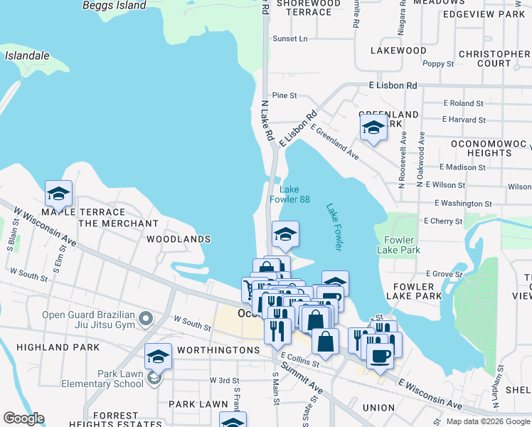 map of restaurants, bars, coffee shops, grocery stores, and more near 430 North Lake Road in Oconomowoc