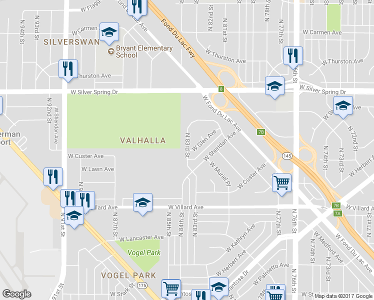map of restaurants, bars, coffee shops, grocery stores, and more near 5369 N 83rd St in Milwaukee