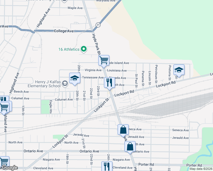 map of restaurants, bars, coffee shops, grocery stores, and more near 3022 Hyde Park Boulevard in Niagara Falls