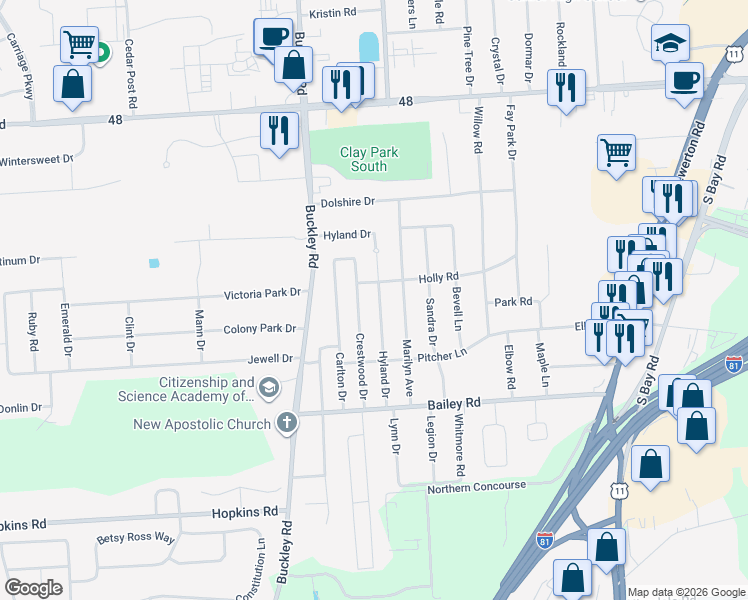 map of restaurants, bars, coffee shops, grocery stores, and more near 219 Hyland Drive in Syracuse