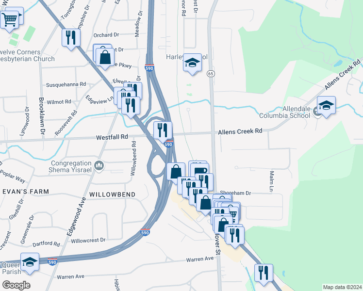 map of restaurants, bars, coffee shops, grocery stores, and more near 95 Allens Creek Road in Rochester