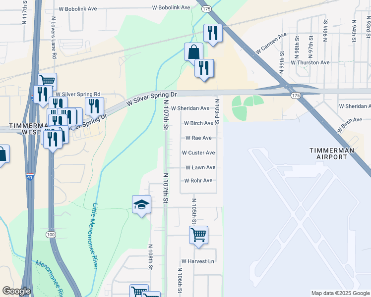 map of restaurants, bars, coffee shops, grocery stores, and more near 10522 W Custer Ave in Milwaukee