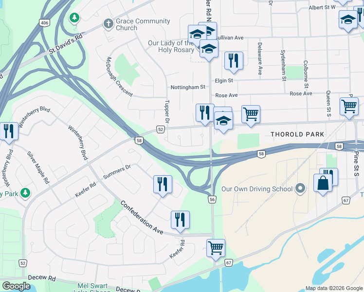 map of restaurants, bars, coffee shops, grocery stores, and more near Romy Crescent in Thorold