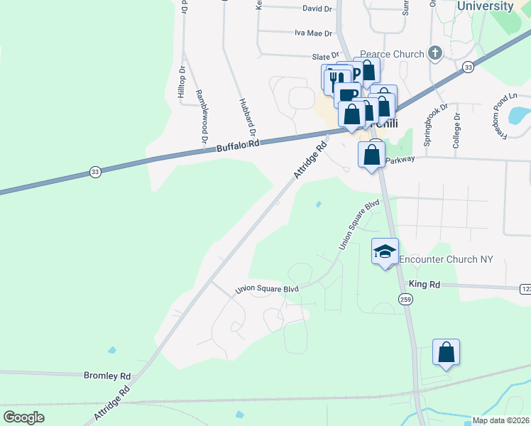 map of restaurants, bars, coffee shops, grocery stores, and more near 102 Attridge Road in North Chili