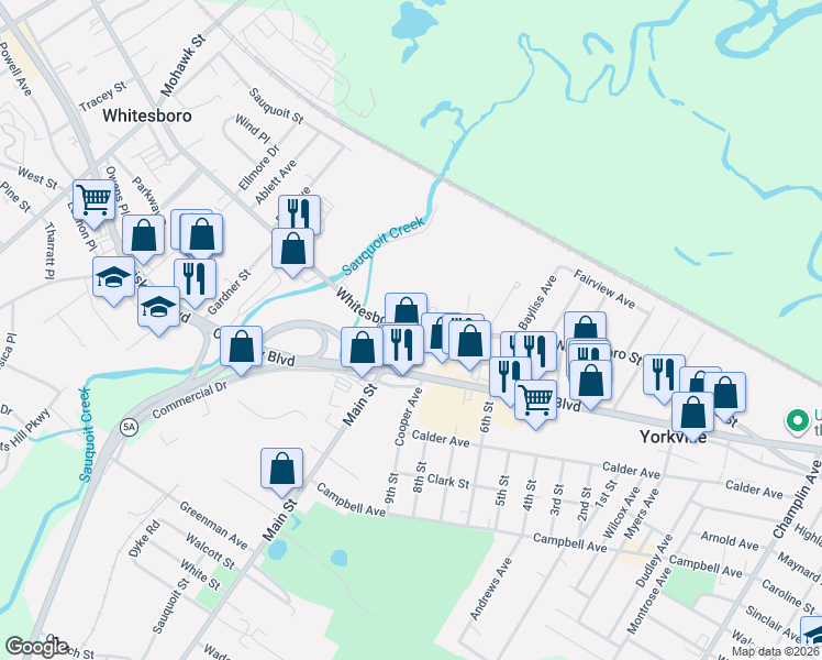 map of restaurants, bars, coffee shops, grocery stores, and more near 157 Whitesboro Street in Yorkville
