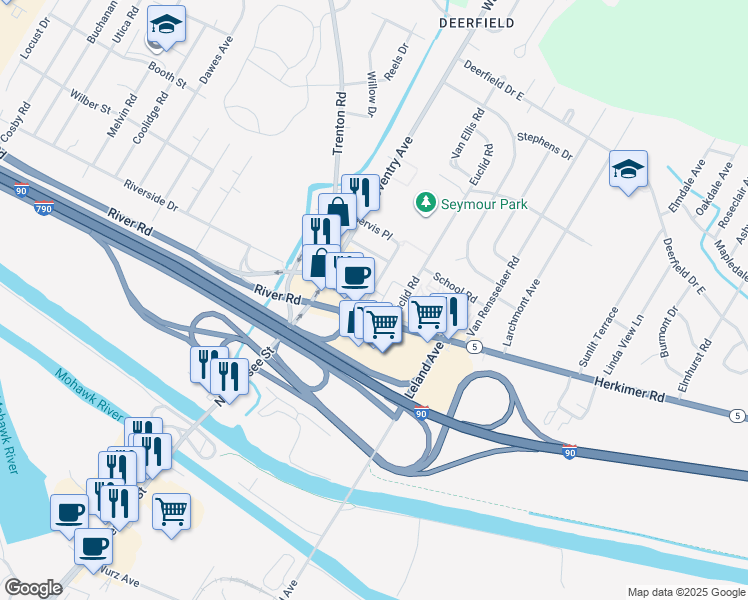 map of restaurants, bars, coffee shops, grocery stores, and more near 101 Herkimer Rd in Utica