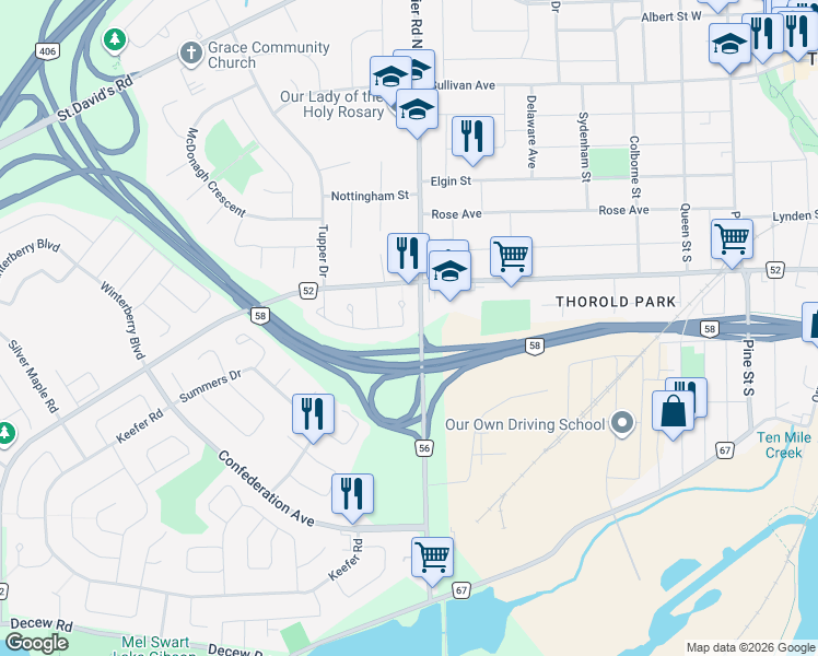 map of restaurants, bars, coffee shops, grocery stores, and more near 102 Romy Crescent in Thorold