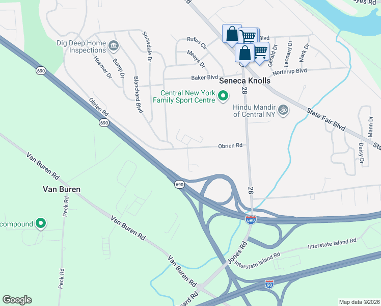 map of restaurants, bars, coffee shops, grocery stores, and more near 7171 Obrien Road in Syracuse